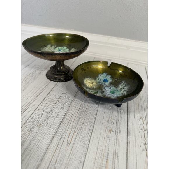 Vintage Sascha Brastoff MCM Enamel Copper Green Floral Plate Ashtray LOT 3 - Picture 11 of 16